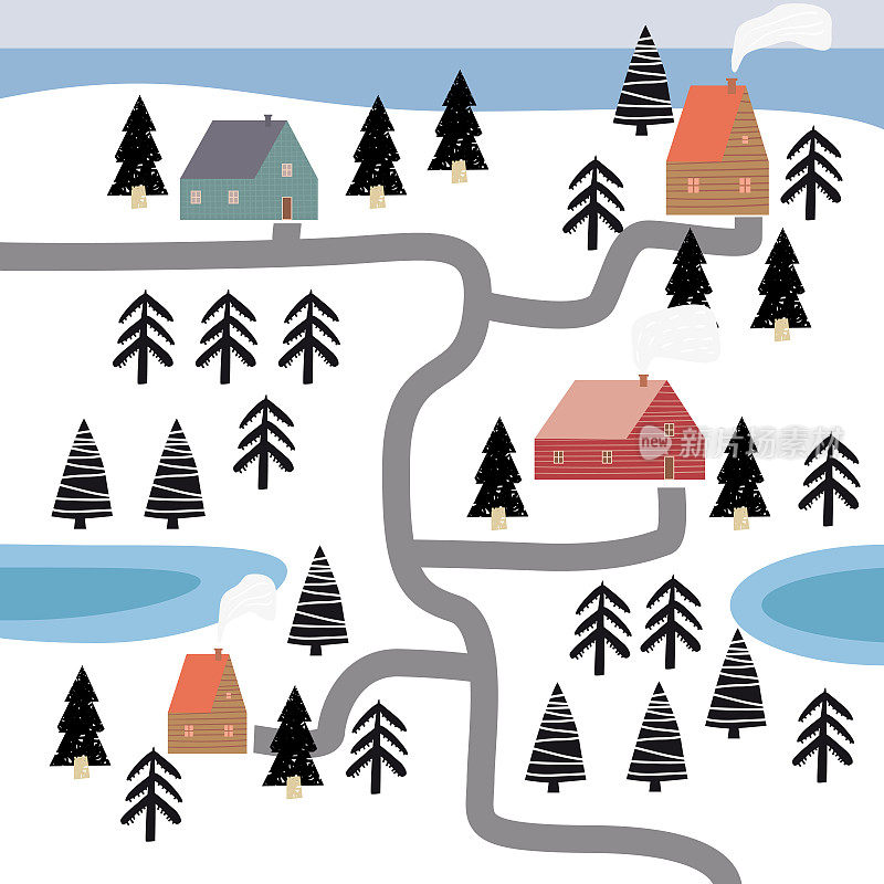 Scandinavian landscape red houses, sea, winter, pine trees, spruce, mountains, hills, fjord. Minimalist Nordic nature illustration, vector background